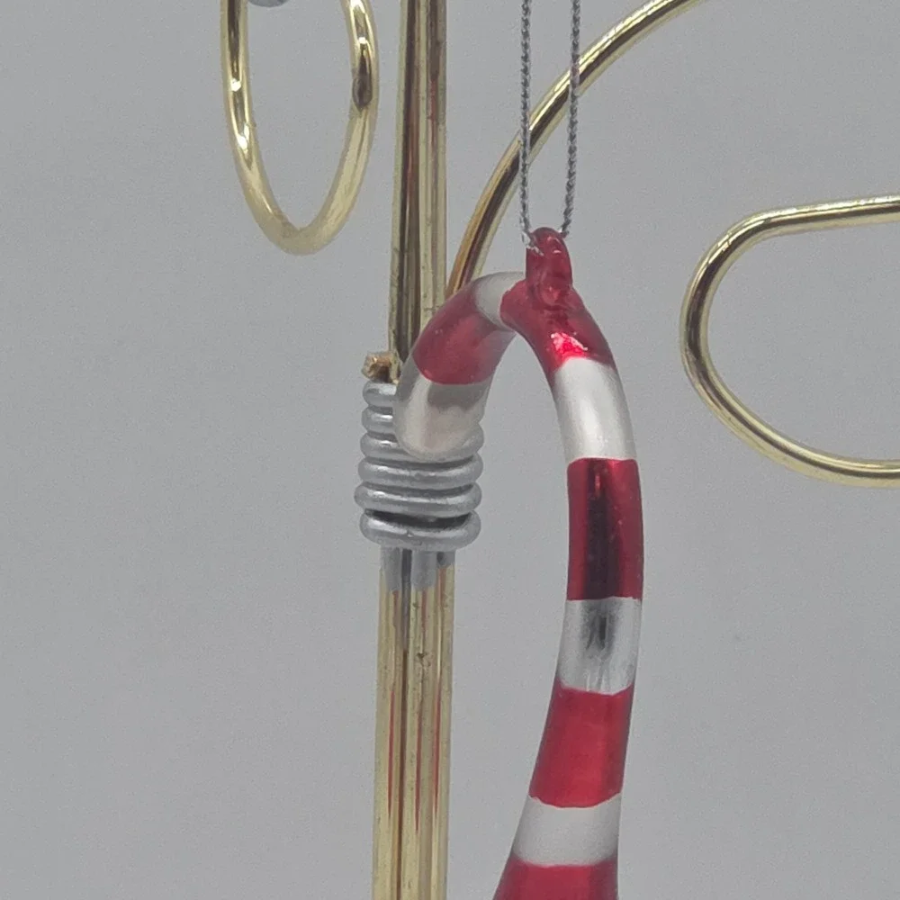 Whimsical Spiral Candy Cane Hat Red Swirl Hook Snowman Glass Ornament 6